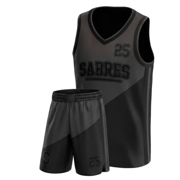 Custom basketball uniform - Sabres blackout, tonal diagonal design in black, jersey and matching shorts, design code CAP-BB-410