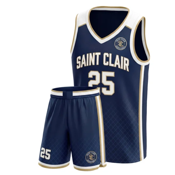 Custom basketball uniform - Saint Clair white yoke, gold trim, seal crest design in navy, jersey and matching shorts, design code CAP-BB-120