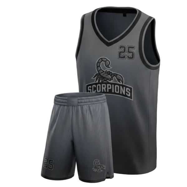 Custom basketball uniform - Scorpions greyout, tonal fade design in charcoal, jersey and matching shorts, design code CAP-BB-403