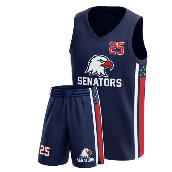 Custom basketball uniform - Senators side stripe pair design in navy, jersey and matching shorts, design code CAP-BB-605