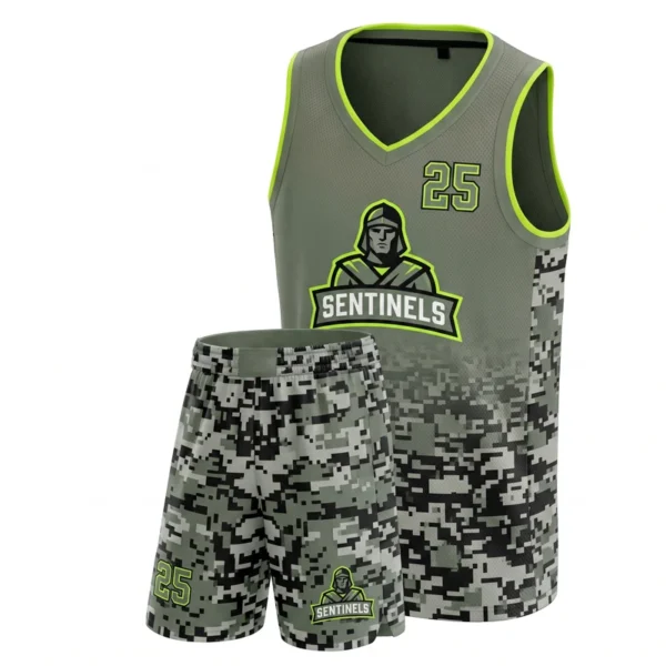 Custom basketball uniform - Sentinels camo fade from the hem design in field grey, jersey and matching shorts, design code CAP-BB-503