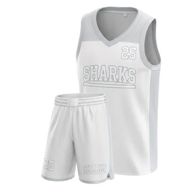 Custom basketball uniform - Sharks whiteout, tonal yoke design in white, jersey and matching shorts, design code CAP-BB-402