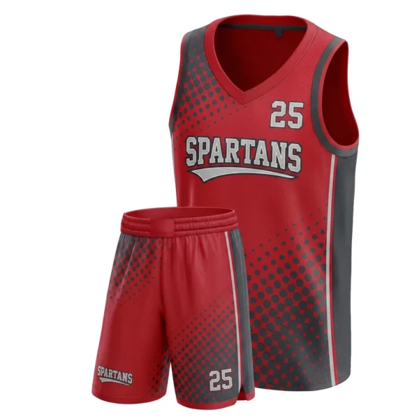 Custom basketball uniform - Spartans coarse dot spray from the corner design in cardinal red, jersey and matching shorts, design code CAP-BB-208