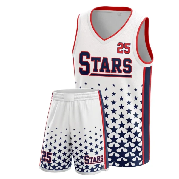 Custom basketball uniform - Stars star halftone rise design in white, jersey and matching shorts, design code CAP-BB-604