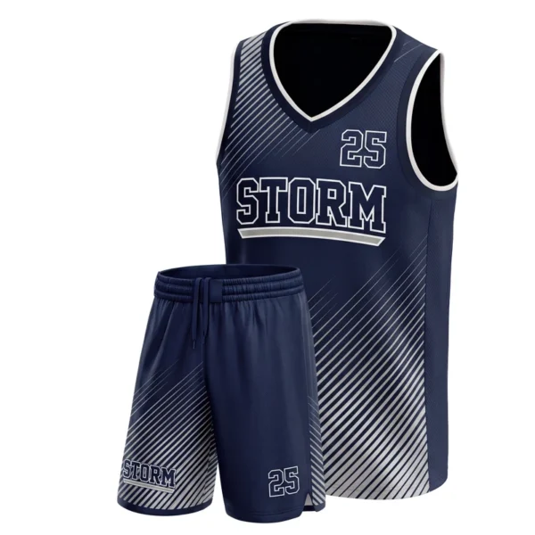 Custom basketball uniform - Storm diagonal line fade design in midnight navy, jersey and matching shorts, design code CAP-BB-204