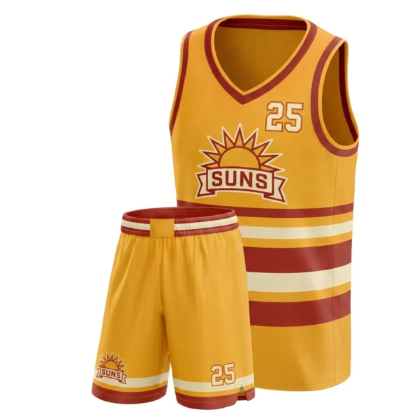 Custom basketball uniform - Suns split hem bands design in sun gold, jersey and matching shorts, design code CAP-BB-312