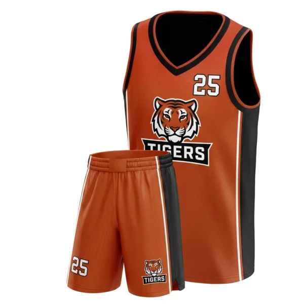 Custom basketball uniform - Tigers contrast side panel design in burnt orange, jersey and matching shorts, design code CAP-BB-101