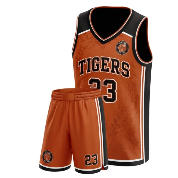 Custom basketball uniform - Tigers s design in burnt orange, jersey and matching shorts, design code CAP-BB-214