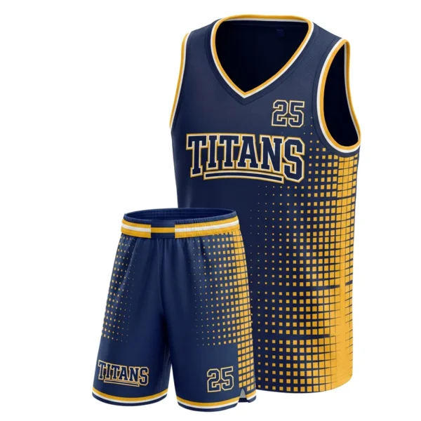 Custom basketball uniform - Titans square pixel fade from the side design in navy, jersey and matching shorts, design code CAP-BB-202