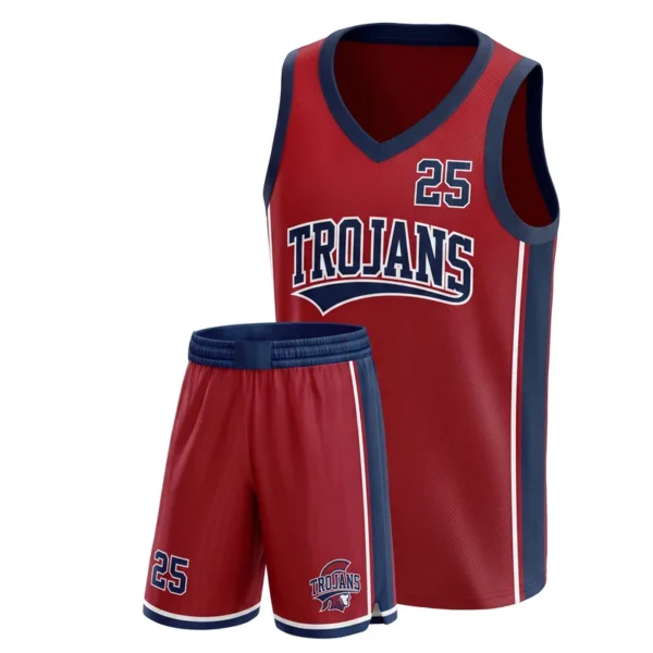 Custom basketball uniform - Trojans wide side stripe design in cardinal red, jersey and matching shorts, design code CAP-BB-102
