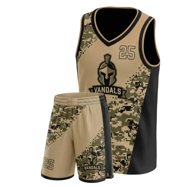 Custom basketball uniform - Vandals camo diagonal sweep design in coyote tan, jersey and matching shorts, design code CAP-BB-511