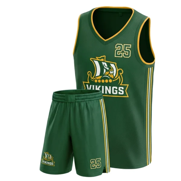 Custom basketball uniform - Vikings fine triple stripe design in forest green, jersey and matching shorts, design code CAP-BB-103