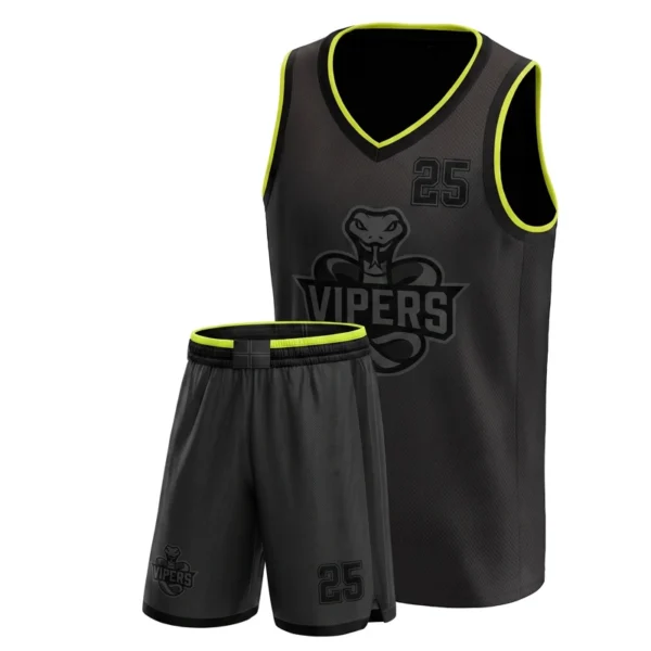Custom basketball uniform - Vipers blackout, volt trim design in black, jersey and matching shorts, design code CAP-BB-401