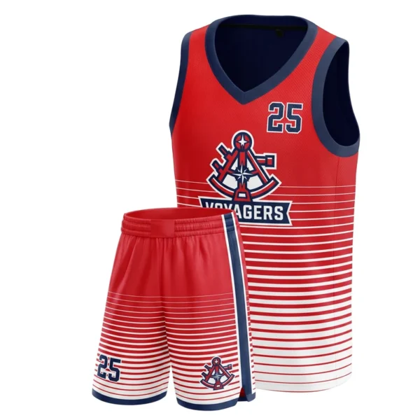 Custom basketball uniform - Voyagers stripe fade design in red, jersey and matching shorts, design code CAP-BB-611