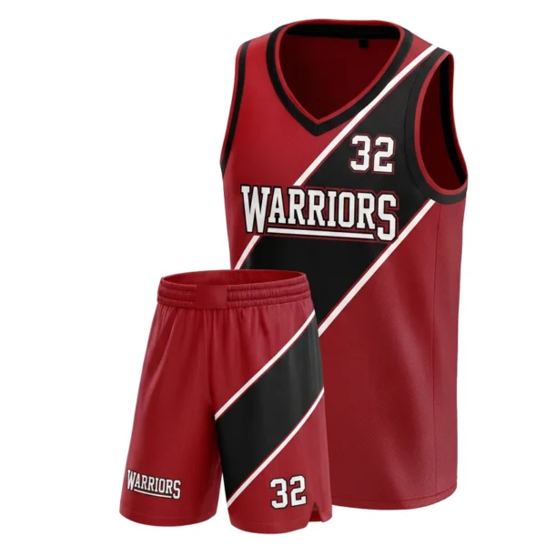 Custom basketball uniform - Warriors diagonal sash design in cardinal red, jersey and matching shorts, design code CAP-BB-113
