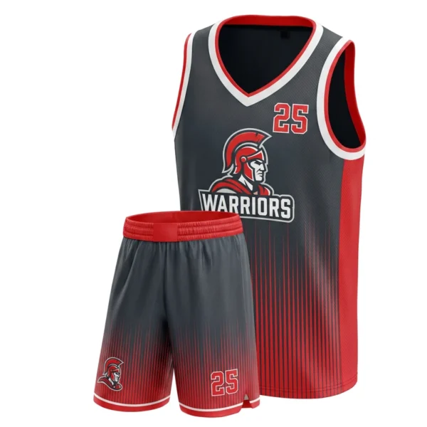 Custom basketball uniform - Warriors fine line fade rising from the hem design in charcoal, jersey and matching shorts, design code CAP-BB-201
