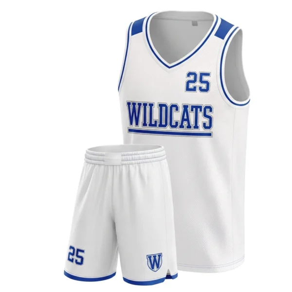 Custom basketball uniform - Wildcats light kit design in white, jersey and matching shorts, design code CAP-BB-105
