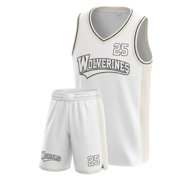 Custom basketball uniform - Wolverines whiteout, tonal side stripe design in white, jersey and matching shorts, design code CAP-BB-406