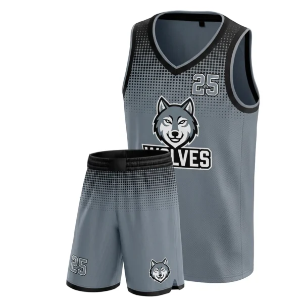 Custom basketball uniform - Wolves shoulder halftone design in steel gray, jersey and matching shorts, design code CAP-BB-207