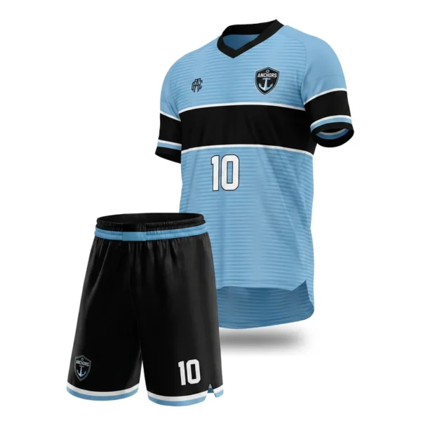 Custom soccer uniform - Anchors sky and black design in sky blue, jersey and matching shorts, design code CAP-SC-714