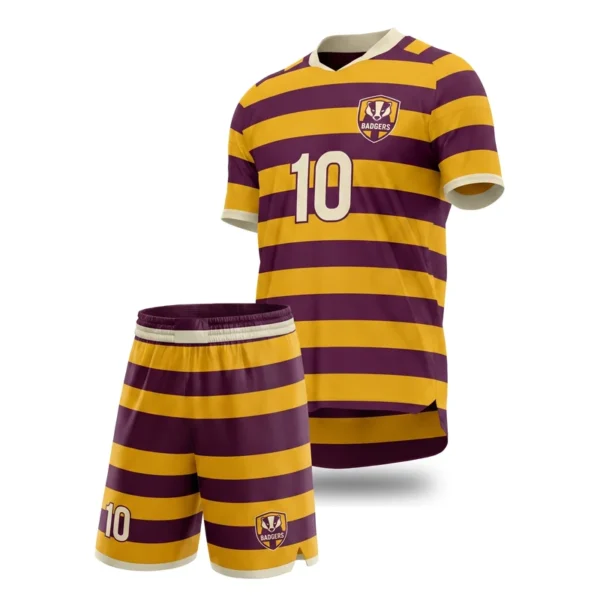 Custom soccer uniform - Badgers bold hoops design in plum, jersey and matching shorts, design code CAP-SC-201