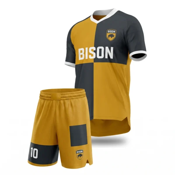 Custom soccer uniform - Bison quarters design in mustard, jersey and matching shorts, design code CAP-SC-205