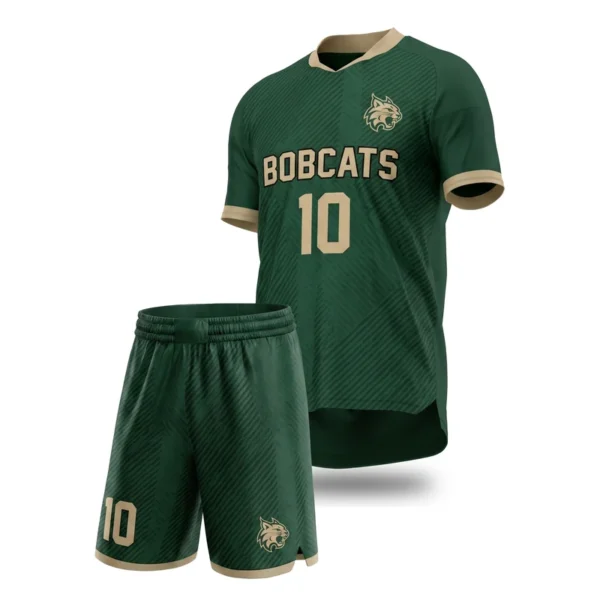 Custom soccer uniform - Bobcats tonal line texture design in forest green, jersey and matching shorts, design code CAP-SC-309