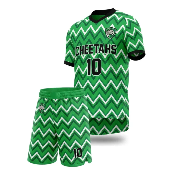 Custom soccer uniform - Cheetahs vivid green zig field design in vivid green, jersey and matching shorts, design code CAP-SC-712