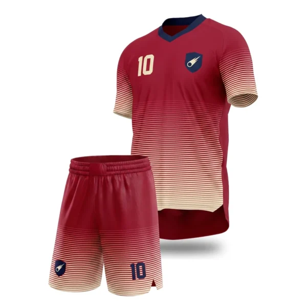 Custom soccer uniform - Comets horizontal band fade design in crimson, jersey and matching shorts, design code CAP-SC-306