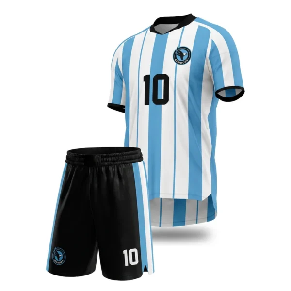 Custom soccer uniform - Condors sky stripes design in sky blue, jersey and matching shorts, design code CAP-SC-701