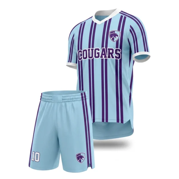 Custom soccer uniform - Cougars candy stripes design in ice blue, jersey and matching shorts, design code CAP-SC-210