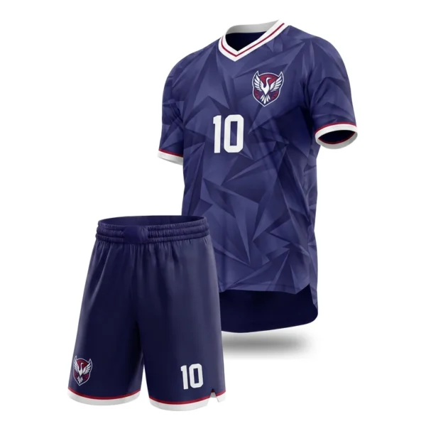Custom soccer uniform - Cranes indigo fold design in indigo, jersey and matching shorts, design code CAP-SC-710