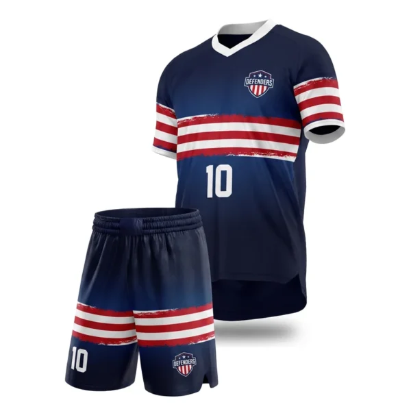 Custom soccer uniform - Defenders distressed stripe band design in navy, jersey and matching shorts, design code CAP-SC-405