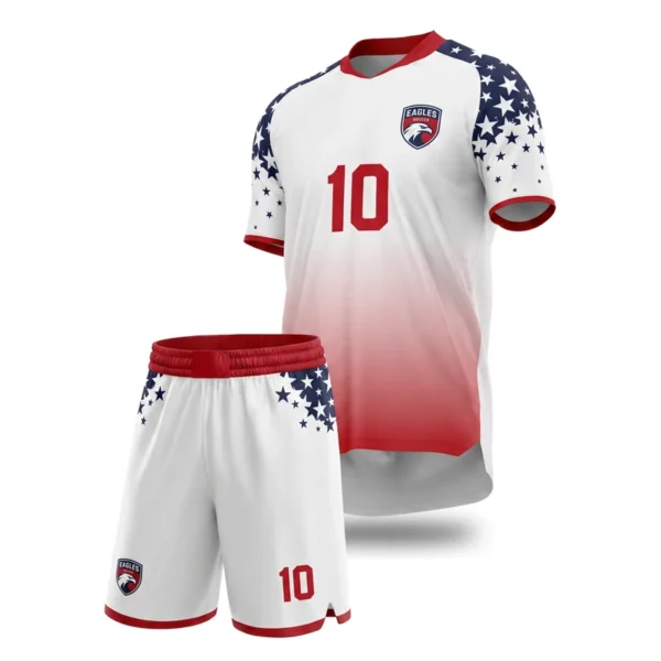 Custom soccer uniform - Eagles shoulder star burst design in white, jersey and matching shorts, design code CAP-SC-411