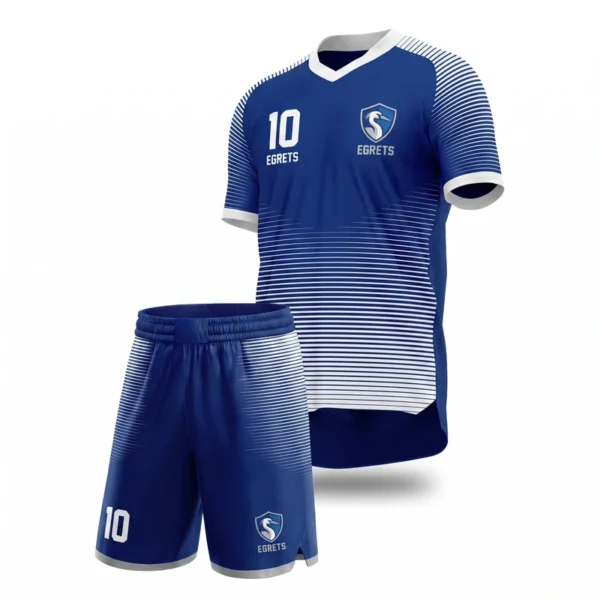 Custom soccer uniform - Egrets fine line fade from the hem design in cobalt blue, jersey and matching shorts, design code CAP-SC-301