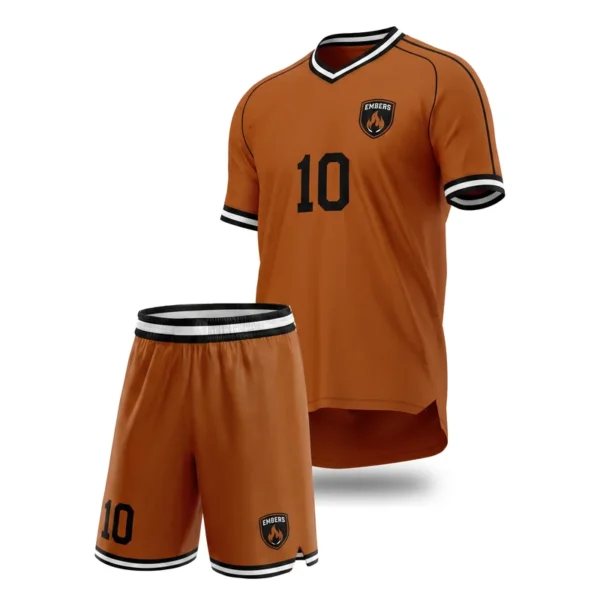Custom soccer uniform - Embers solid kit, banded cuffs design in burnt amber, jersey and matching shorts, design code CAP-SC-105