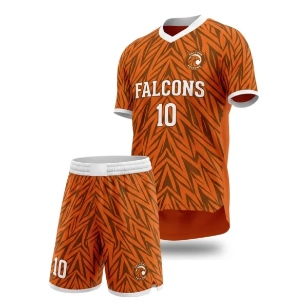 Custom soccer uniform - Falcons feather tessellation design in tangerine, jersey and matching shorts, design code CAP-SC-600