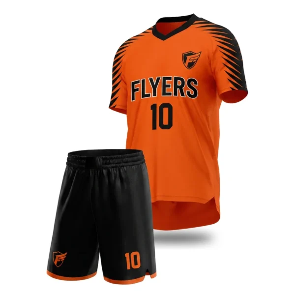 Custom soccer uniform - Flyers total orange design in orange, jersey and matching shorts, design code CAP-SC-706