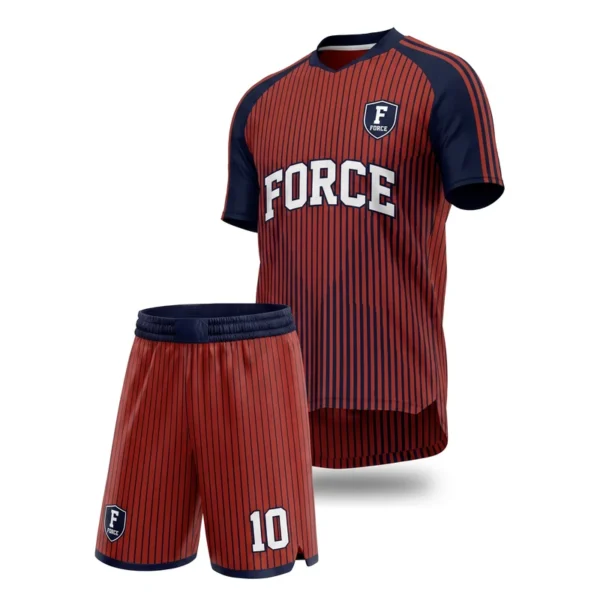 Custom soccer uniform - Force pinstriped body, contrast sleeves design in brick red, jersey and matching shorts, design code CAP-SC-106
