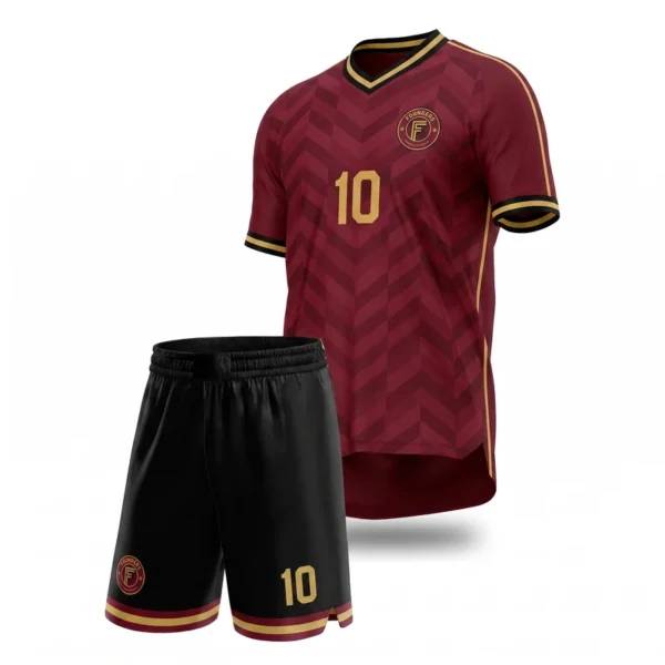 Custom soccer uniform - Founders burgundy and gold design in burgundy, jersey and matching shorts, design code CAP-SC-713