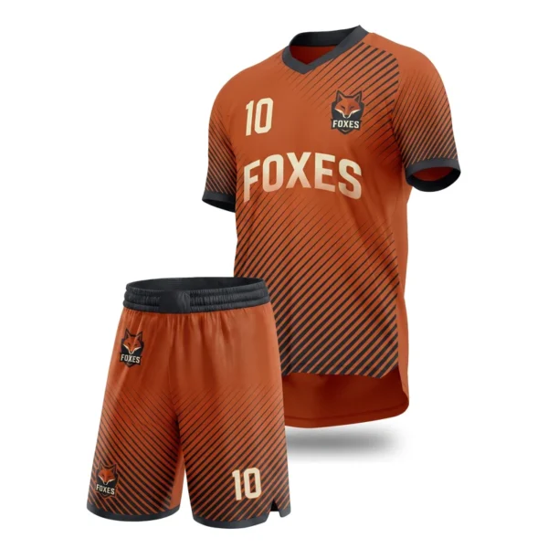 Custom soccer uniform - Foxes diagonal line fade design in burnt orange, jersey and matching shorts, design code CAP-SC-304