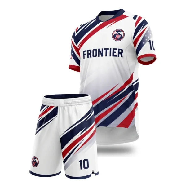 Custom soccer uniform - Frontier diagonal stripe sweep design in white, jersey and matching shorts, design code CAP-SC-404