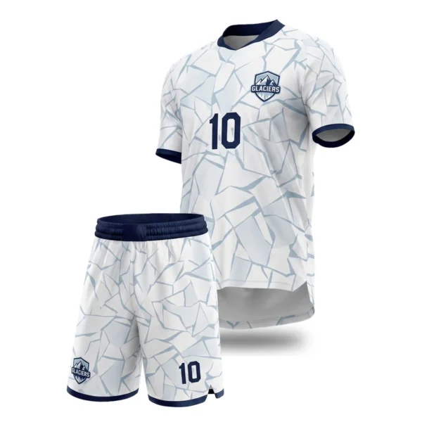 Custom soccer uniform - Glaciers fracture planes design in ice white, jersey and matching shorts, design code CAP-SC-607