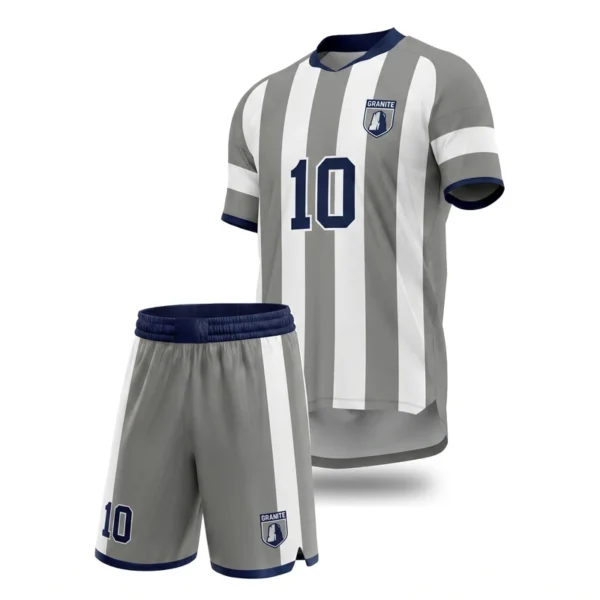Custom soccer uniform - Granite wide stripes, contrast sleeves design in stone grey, jersey and matching shorts, design code CAP-SC-108