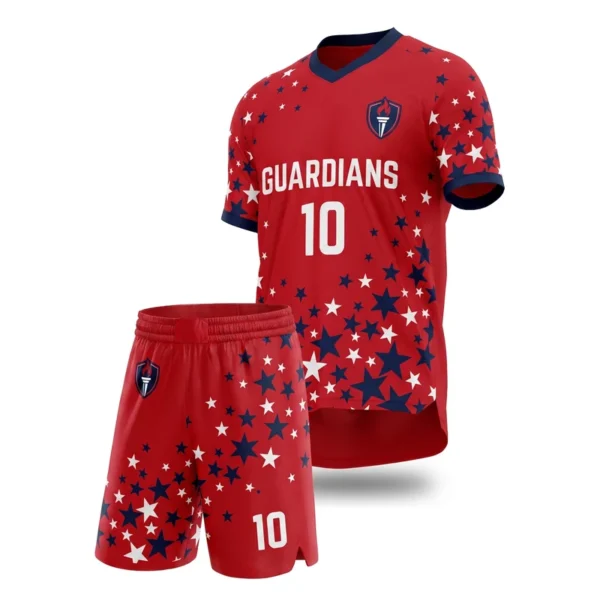 Custom soccer uniform - Guardians star scatter, all over design in red, jersey and matching shorts, design code CAP-SC-406