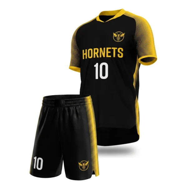 Custom soccer uniform - Hornets sleeve-led line field design in black, jersey and matching shorts, design code CAP-SC-311