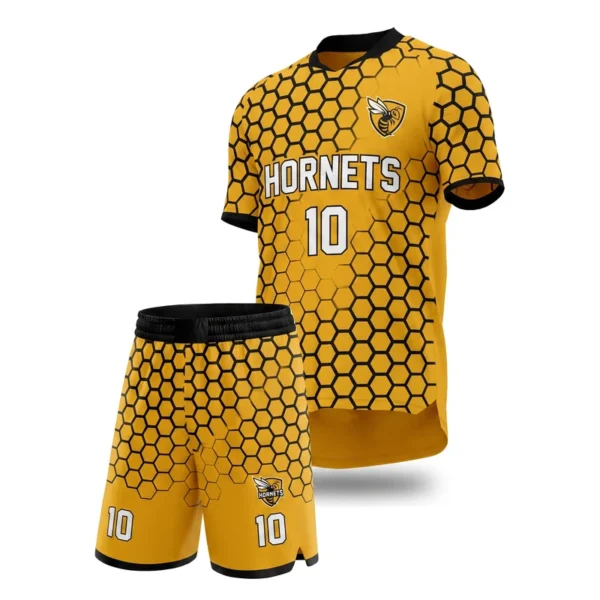 Custom soccer uniform - Hornets hexagon comb design in golden yellow, jersey and matching shorts, design code CAP-SC-602