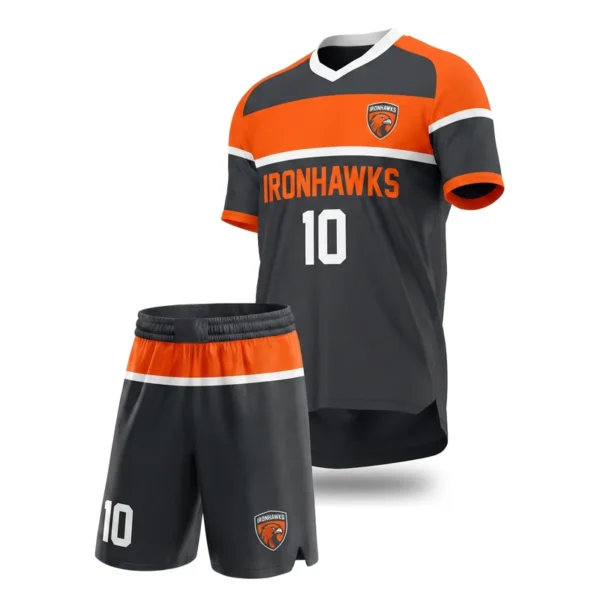 Custom soccer uniform - Ironhawks shoulder panel band design in charcoal, jersey and matching shorts, design code CAP-SC-211