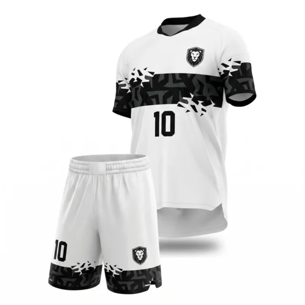 Custom soccer uniform - Ironsides white and iron design in white, jersey and matching shorts, design code CAP-SC-702