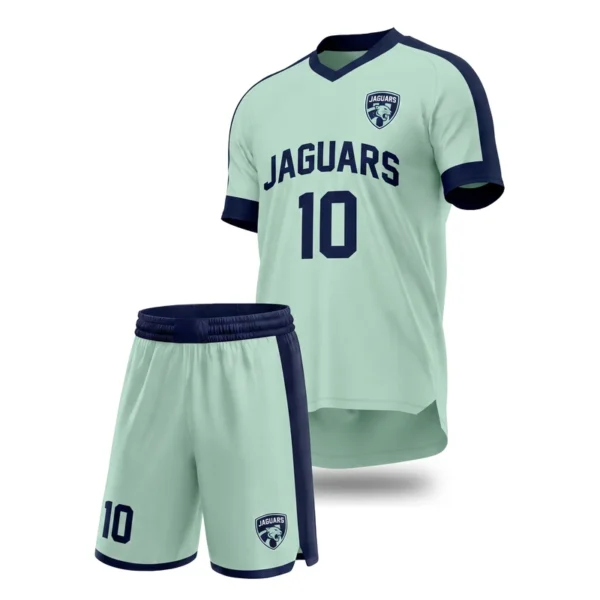 Custom soccer uniform - Jaguars light kit, bold collar and cuffs design in pale mint, jersey and matching shorts, design code CAP-SC-102